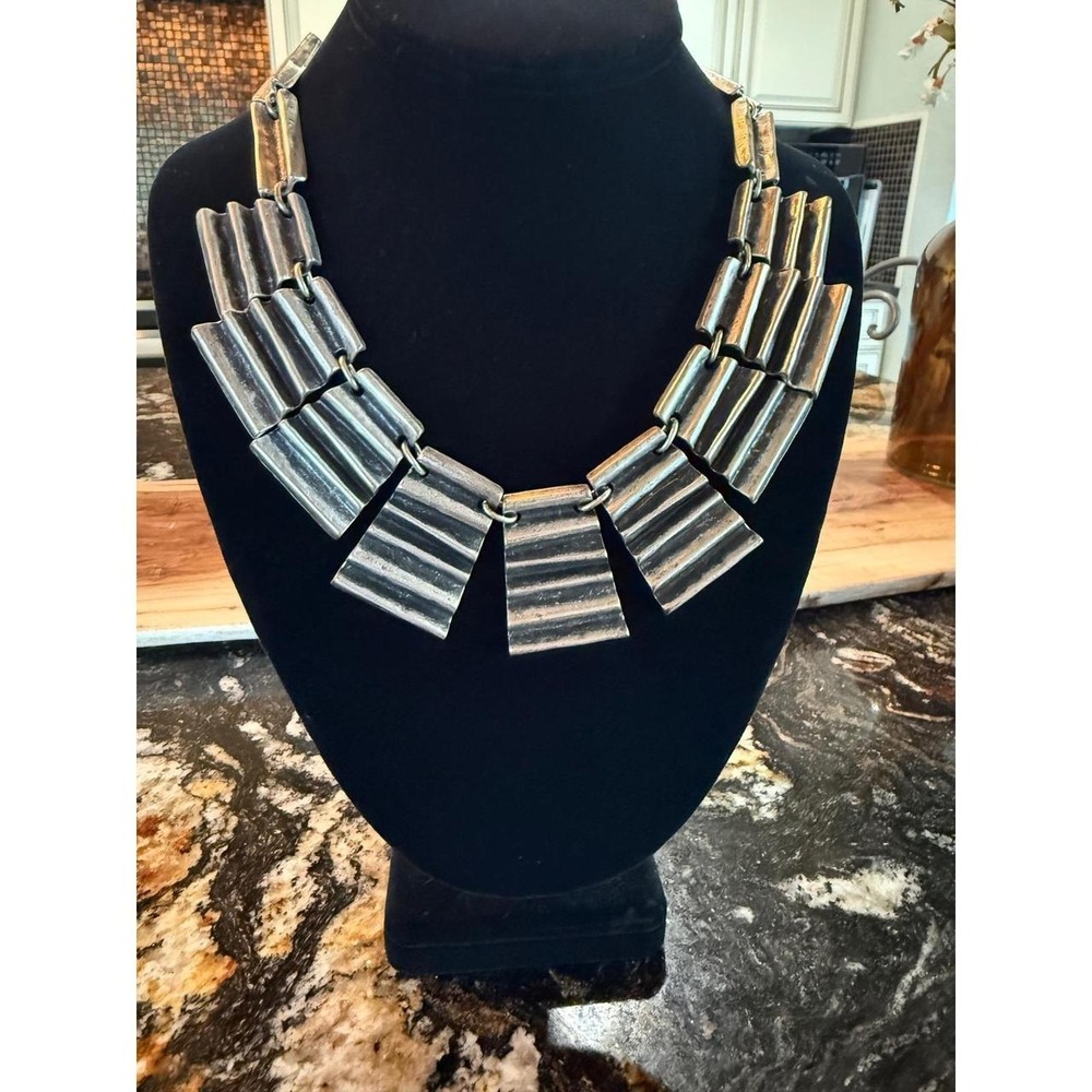 Vintage Turkish Ottoman Coin Brutalist Bib Necklace Silver Tone Ribbed Statement - Picture 2 of 7